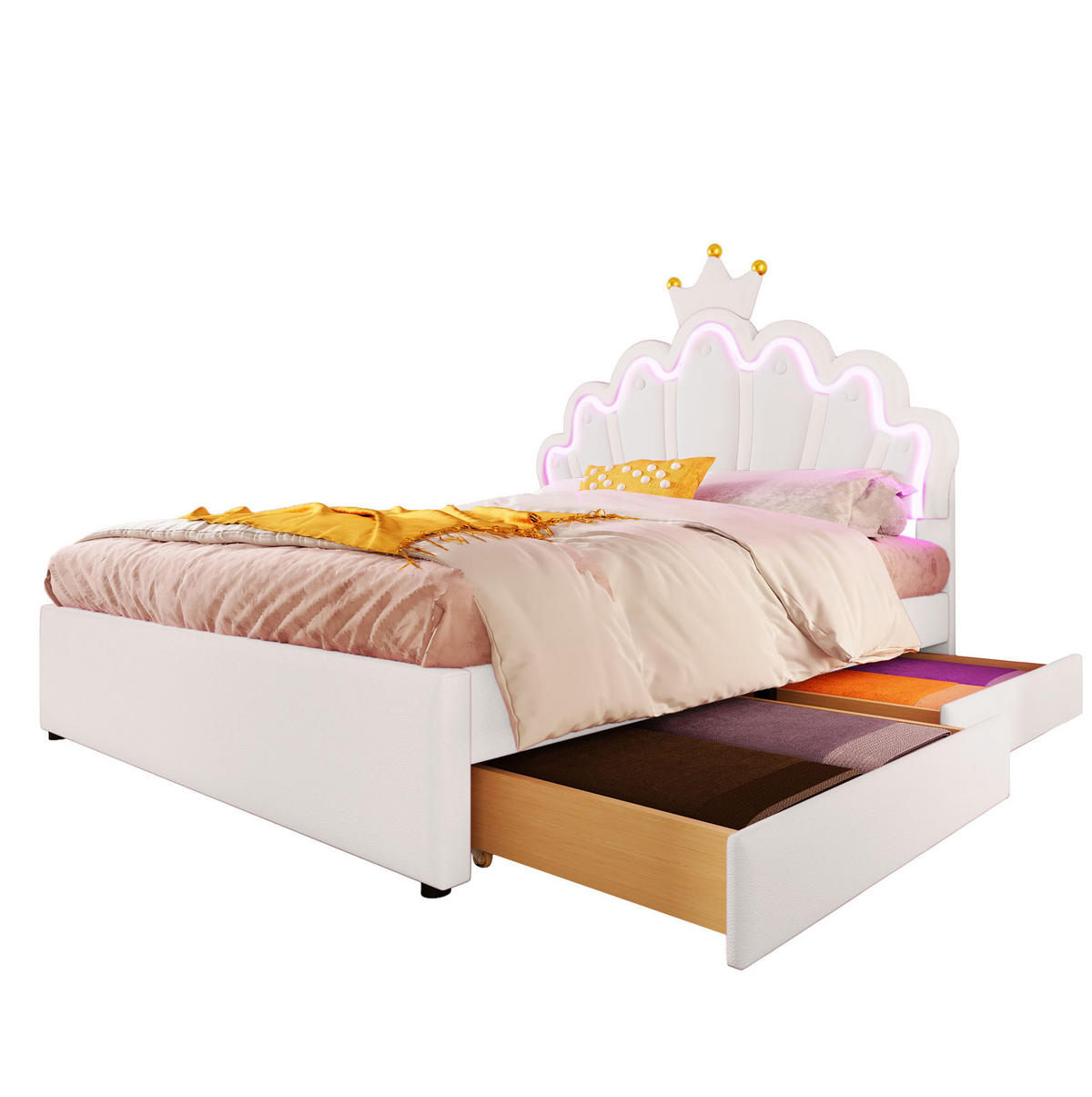 KINDERBETT 140/200 cm in Weiß aus PU mit 2 Schubladen und LED-Beleuchtung - Weiß, Leder (140/200cm) - Flora Grace