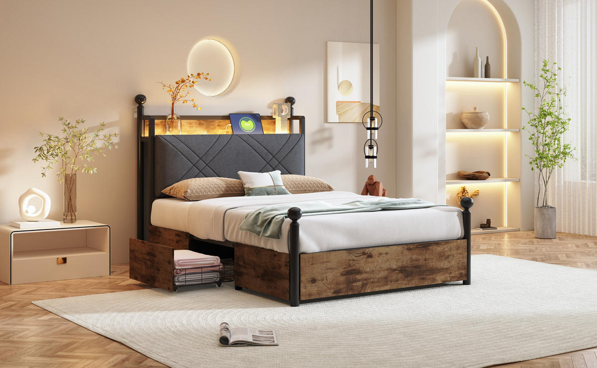 METALLBETT 90x190 cm LED USB Stauraum - Schwarz, Metall (90/190cm) - LEBENLANG
