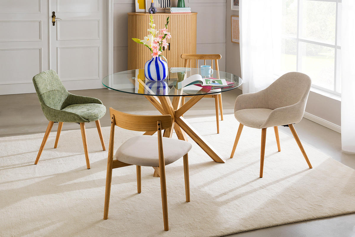 ESSTISCH rund - Glas / Eiche massiv - Eichefarben, Glas/Holz (119/119/76cm) - home24