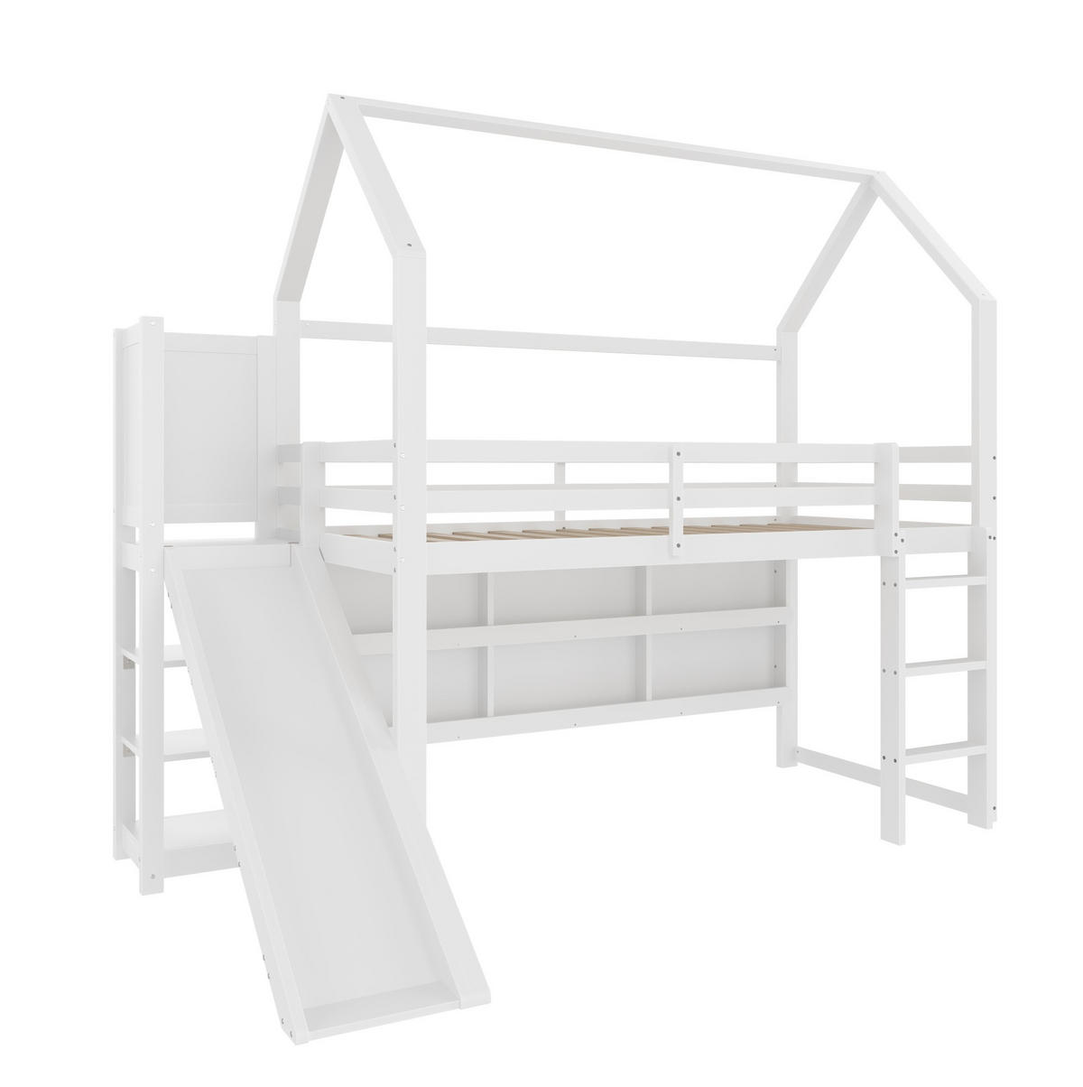 HOCHBETT 90/200 cm mit LED-Beleuchtung, Rutsche, Regalen und Rolltreppe aus Kiefernholz, Weiß - Weiß, Holz (90/200cm) - Redom