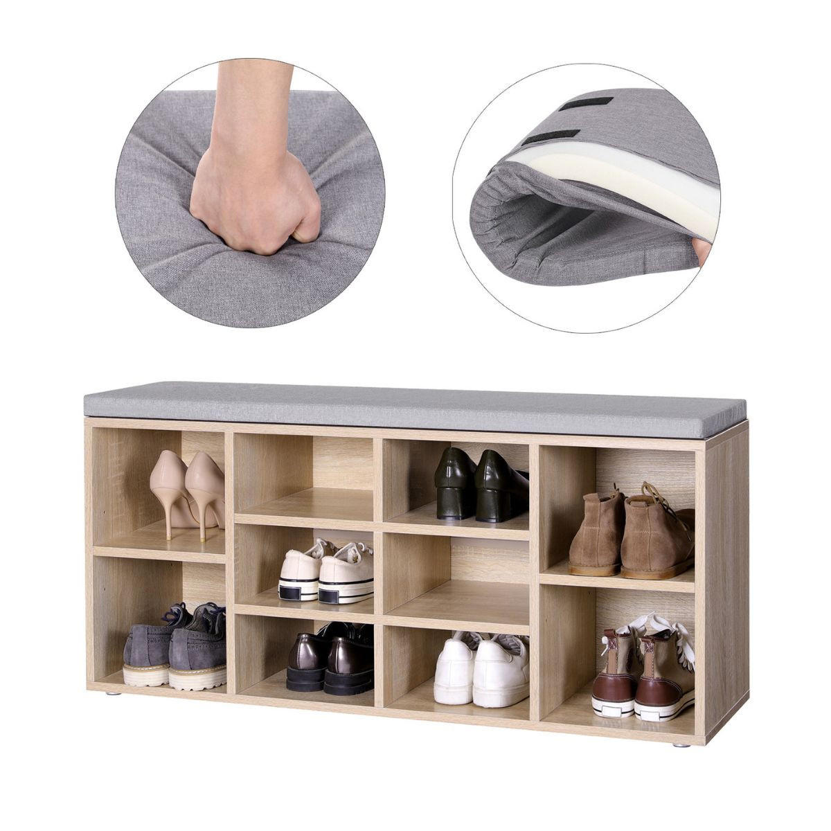 SCHUHBANK mit 10 Nischen Holzdekor - L104 cm - Grau, Holzwerkstoff (30/48/104cm) - Calicosy