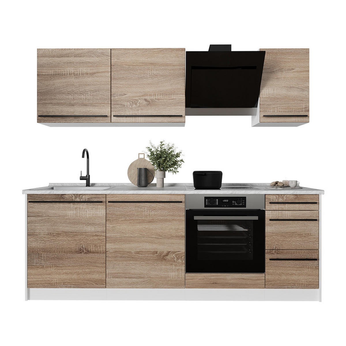 KÜCHENZEILE R-Line, Sonoma/Weiß, 220 cm Arbeitsplatte Anthrazit - Weiß/Sonoma Eiche, Holzwerkstoff (220/81.6/60cm) - Vicco