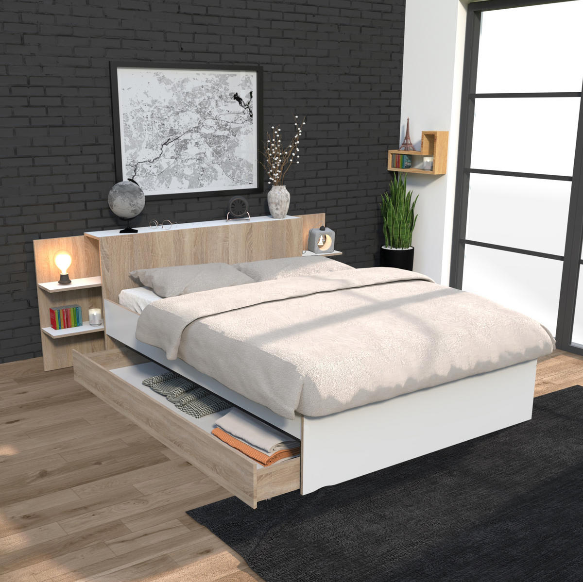 BETT CITY mit Kopfteil und Schublade/ Bett 140x190 - Weiß & gebleichte Eiche Dekor - Weiß/Sonoma Eiche, Holzwerkstoff (140/190cm) - Weber Industries