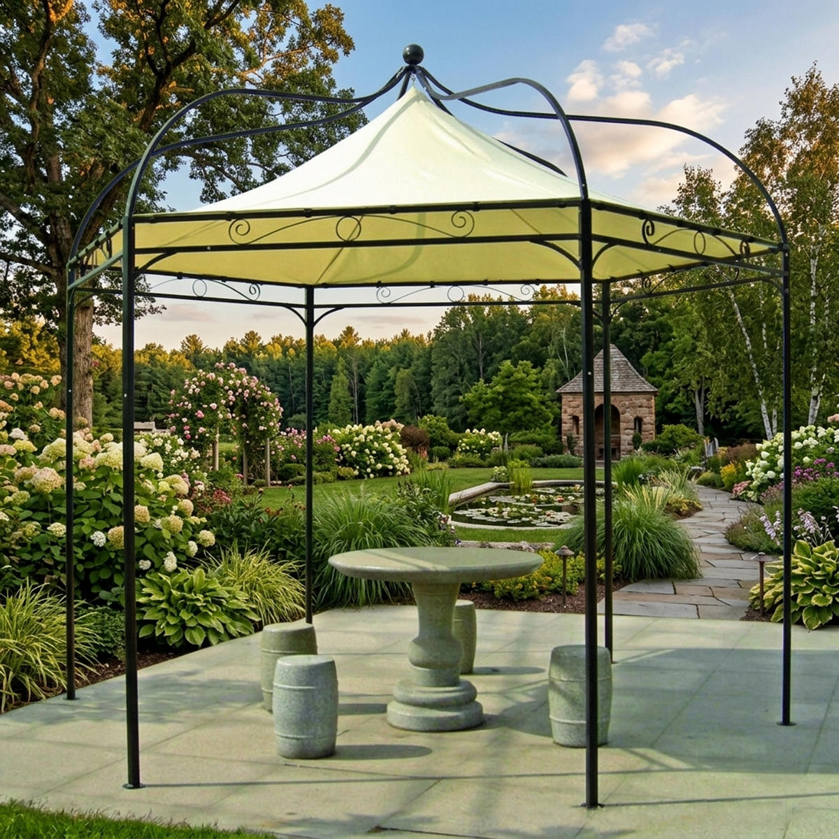 PAVILLON Mondura, Gartenpavillon, 3,2 Meter, 6-eckig, Stahl schwarz, Plane PVC-beschichtet, écru - Naturfarben, Kunststoff (320/300/320cm) - TPFGarden