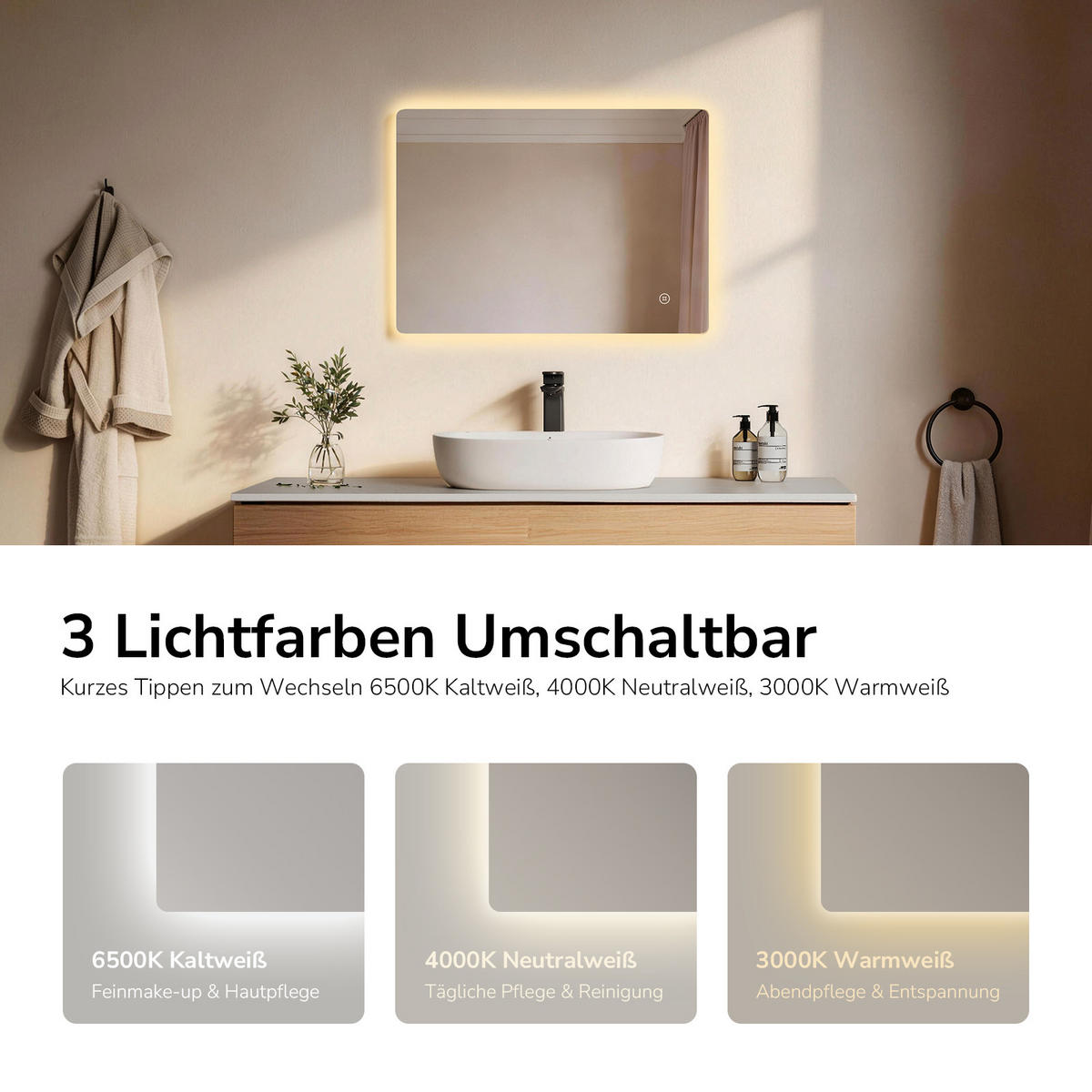 BADSPIEGEL mit Touch-Bedienung Beleuchtung Rechteckig 70/50 cm - Weiß, Glas (50/3/70cm) - EMKE