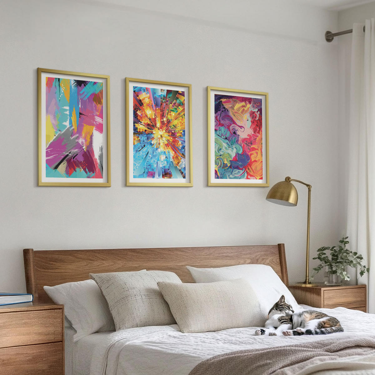 BILDER SET 3er Set - 40x60 cm Goldrahmen - Bunte abstrakte Farbmuster - Goldfarben, Kunststoff (40/60cm) - TULUP