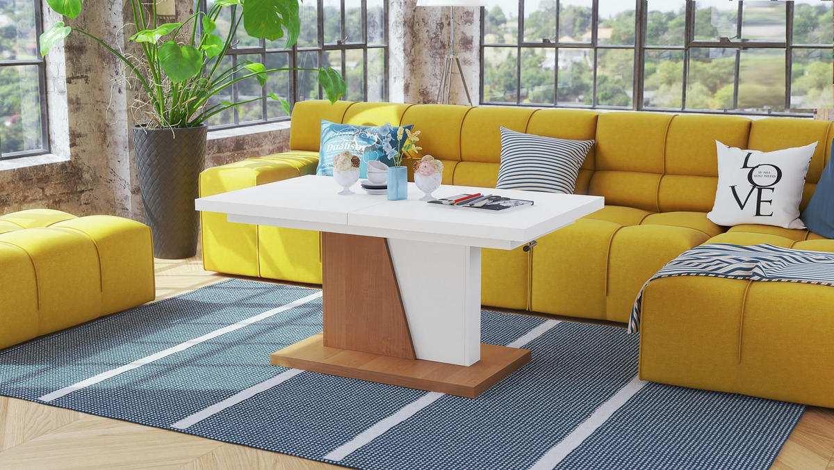 COUCHTISCH rechteckig Weiß matt Erle ausziehbar höhenverstellbar - Erlefarben/Weiß, Holzwerkstoff (70/120/60cm) - designimpex