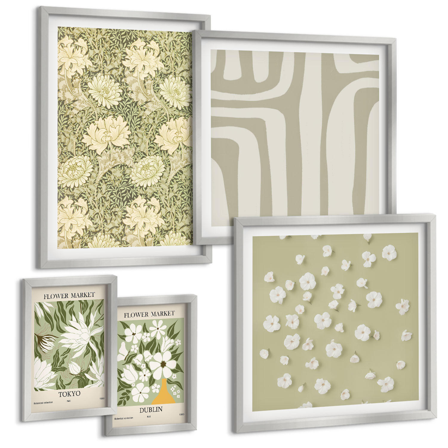 BILDER SET 5er Set - 50x50 cm & 20x30 cm & 40x60 cm Silberner Rahmen - Boho-Pflanzenkompositionen in Pastellfarben - Silberfarben, Kunststoff (40/60cm) - TULUP