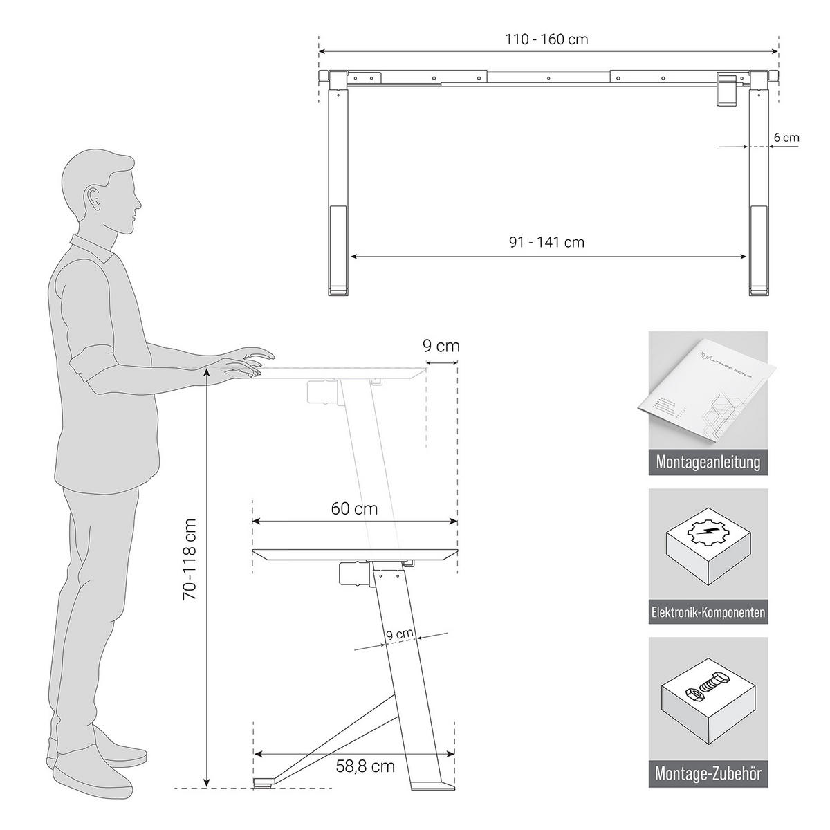 TISCHGESTELL höhenverstellbar elektrisch - Weiß - Weiß, Metall (160/60/120cm) - Ultimate Setup