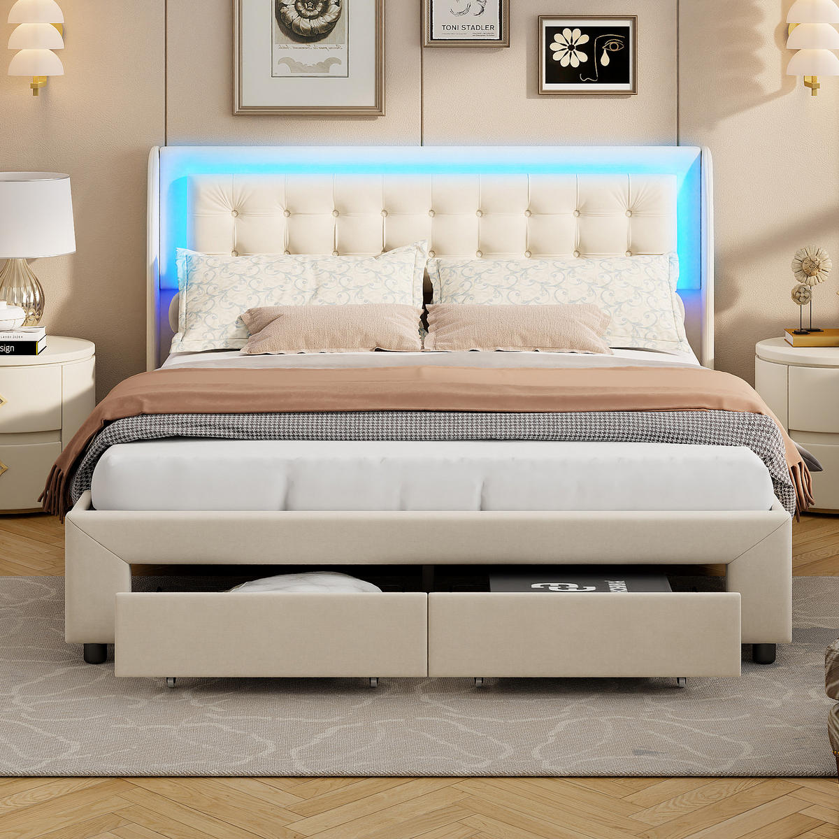 POLSTERBETT 140x190 cm, Beige, LED-Beleuchtung, Samt - Beige, Textil/Metall (140/190cm)