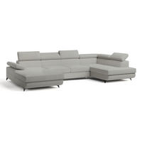 WOHNLANDSCHAFT RUBANO R-S Hellgrau Boucle-Stoff mit Schlaffunktion - Hellgrau, Holz (339/89/190cm) - MASSENO