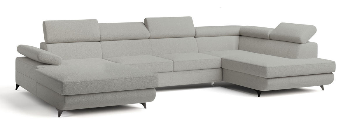 WOHNLANDSCHAFT RUBANO R-S Hellgrau Boucle-Stoff mit Schlaffunktion - Hellgrau, Holz (339/89/190cm) - MASSENO