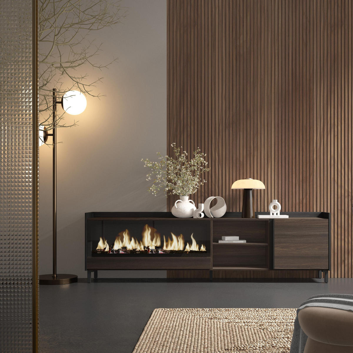 LOWBOARD, Eiche und Schwarz, 212/35/61cm, Kamin mit Feuereffekt XXL - Dunkelbraun, Holzwerkstoff (212/61/35cm) - Skraut Home