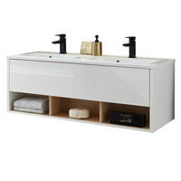 WADSCHTISCHKOMBI weiß Hochglanz und Eiche, Doppelwaschtisch inkl. 2x Waschbecken, Breite 120 cm - Weiß Hochglanz/Eichefarben, Holzwerkstoff (120/44/47cm) - Furn.Design