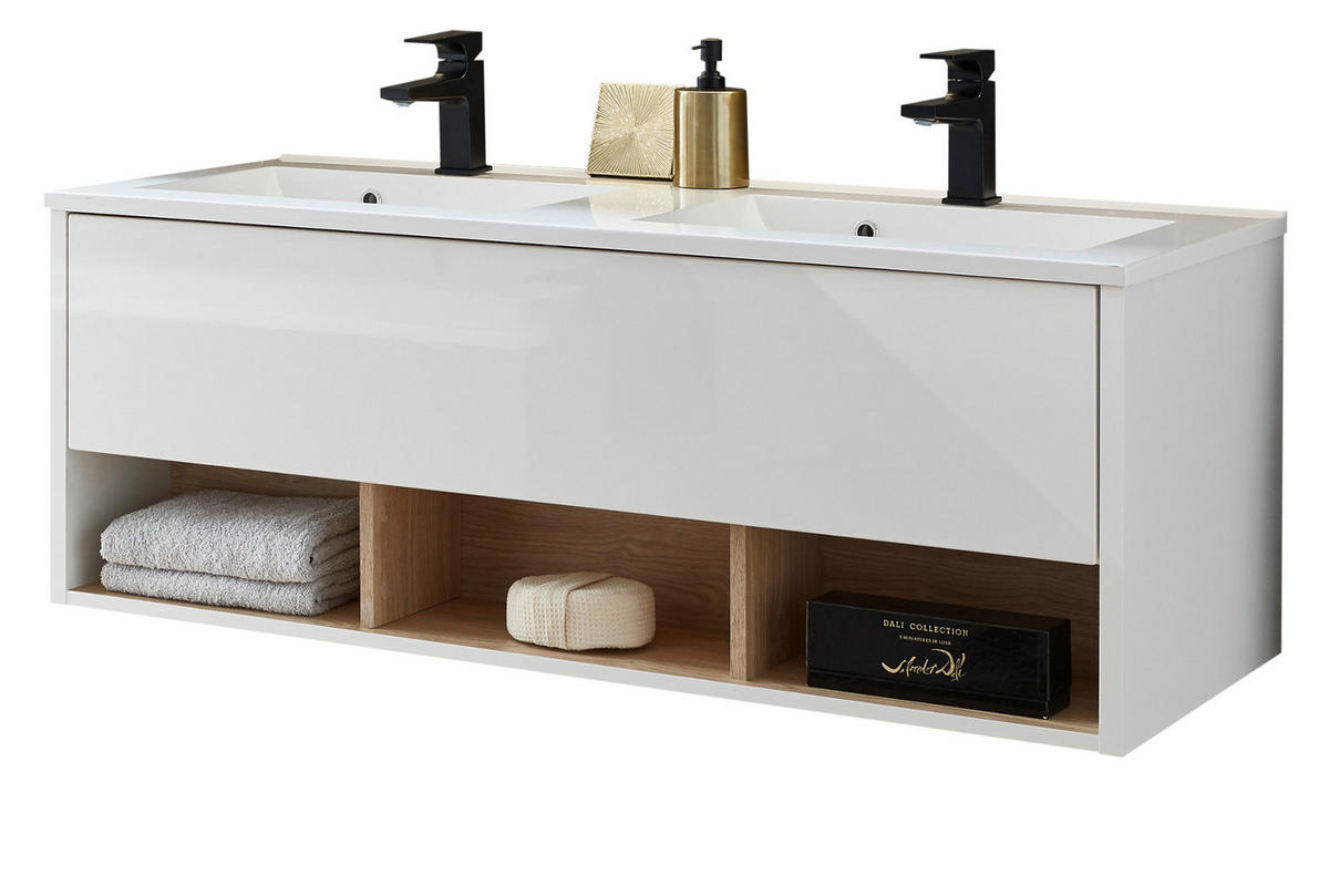 WADSCHTISCHKOMBI weiß Hochglanz und Eiche, Doppelwaschtisch inkl. 2x Waschbecken, Breite 120 cm - Weiß Hochglanz/Eichefarben, Holzwerkstoff (120/44/47cm) - Furn.Design