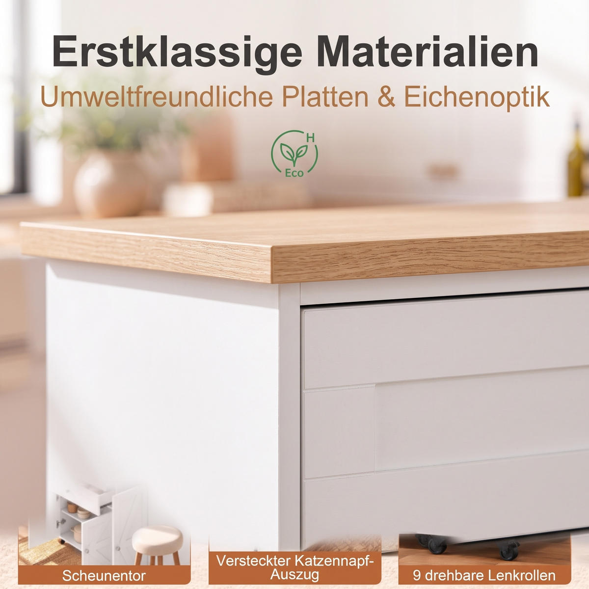 KÜCHENINSEL auf Rollen 100/60/84.5 cm Weiß mit ausziehbarer Arbeitsplatte, 2 Schubladen und Katzenfutterstation - Schwarz/Weiß, Holz/Holzwerkstoff (120/86/60cm) - Oxeza