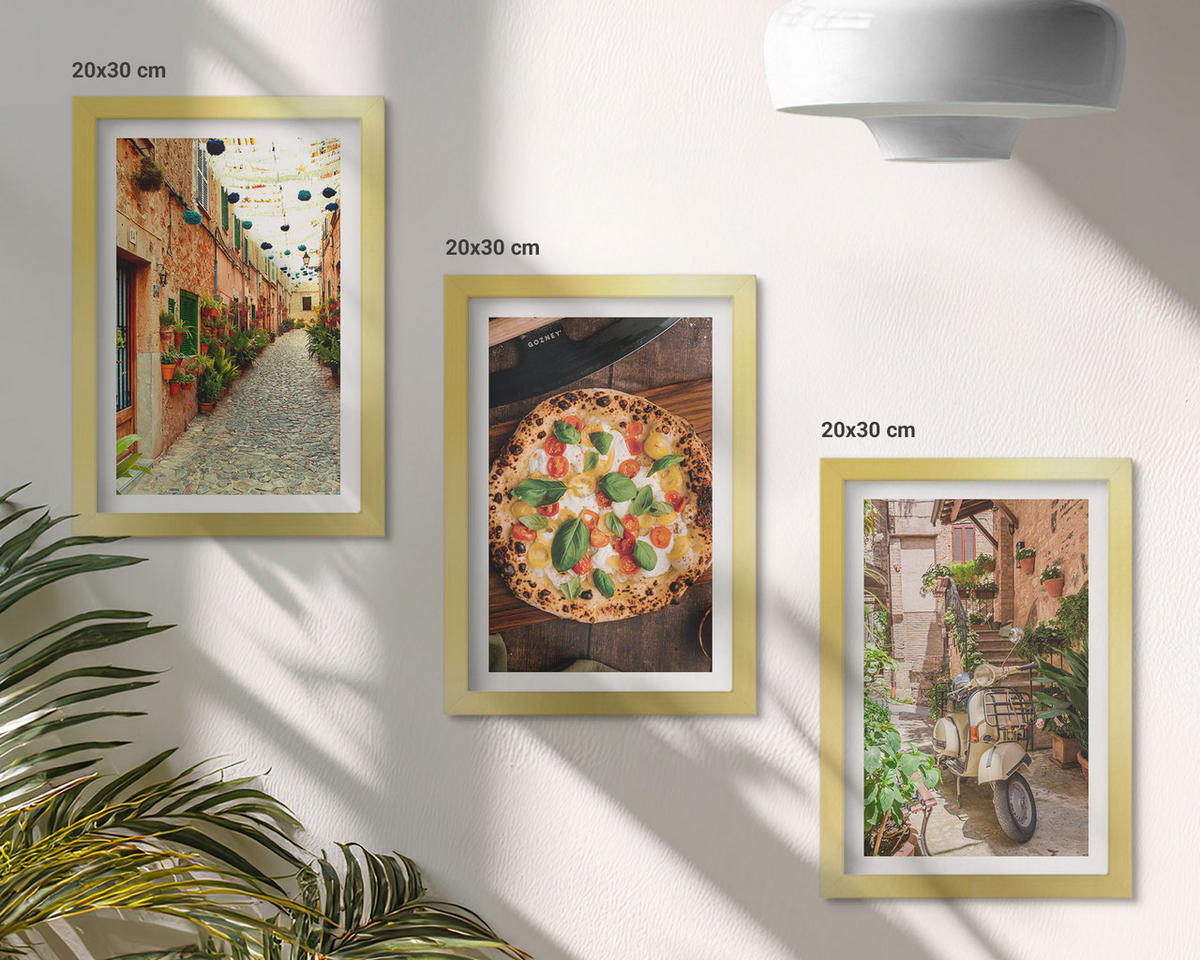 BILDER SET 3er Set - 20x30 cm Goldrahmen - Charmante Straßen mit Pizza - Goldfarben, Kunststoff (20/30cm) - TULUP