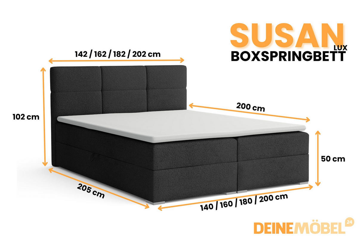 BOXBETT SUSAN LUX 180/200 in Boucle Schwarz H4 - Schwarz, Holz/Holzwerkstoff (180/200cm) - Deine Möbel 24
