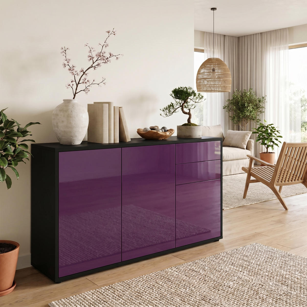 KOMMODE Ben Front in Brombeer Hochglanz - Brombeere, Holzwerkstoff (117/74/36cm) - Vladon