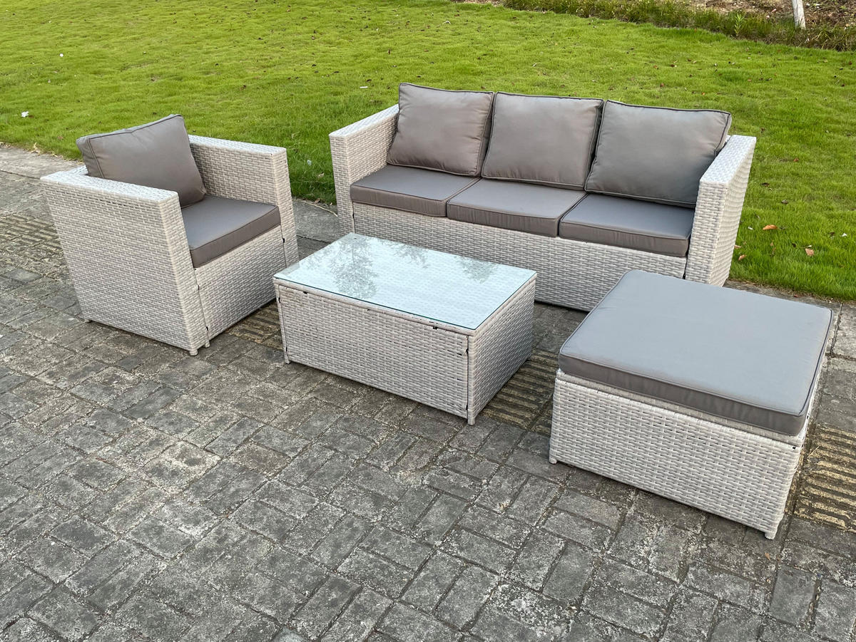 GARTENSOFA Polyrattan Helles Grau 5-Sitzer - Hellgrau, Metall - Fimous
