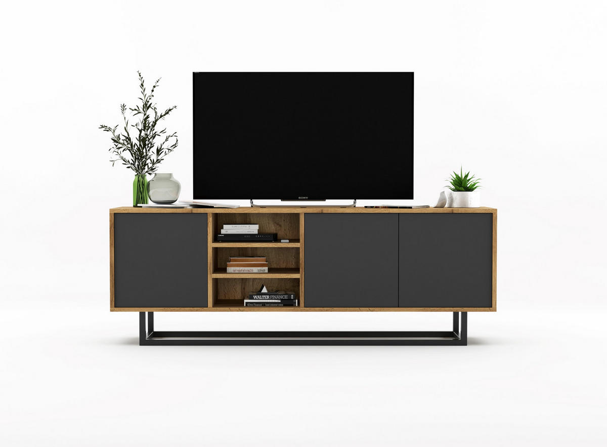 TV-LOWBOARD Apollo Eiche wotan Graphit Matt 150/53/35 cm - Graphitfarben/Schwarz, Holzwerkstoff/Metall (150/53/35cm) - Meble Lindner