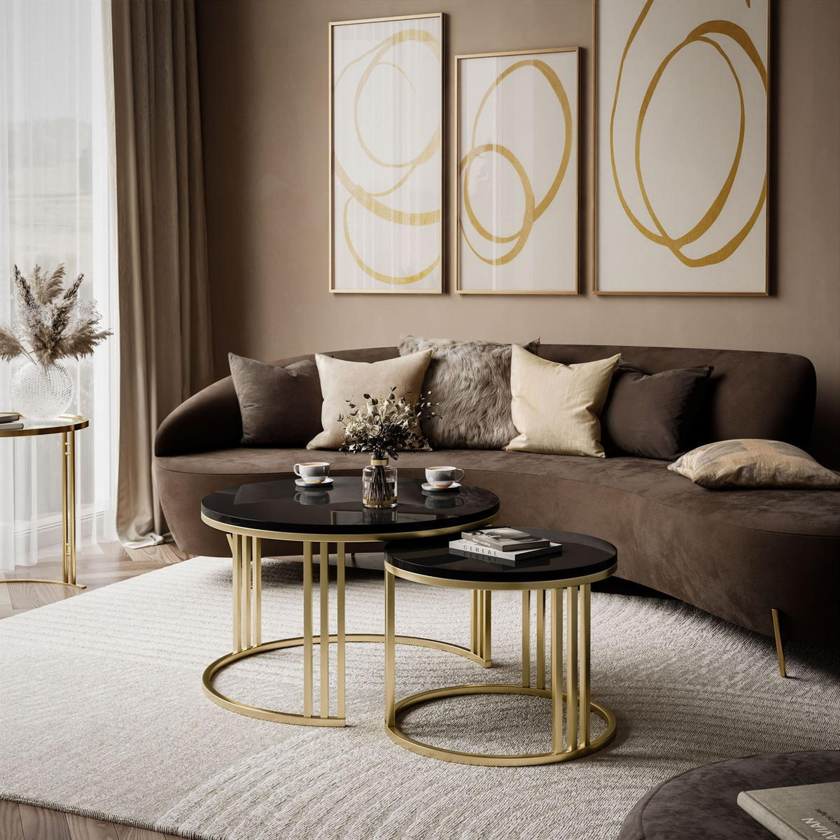 COUCHTISCH 2in1 LORI Hochglanz Gold gebürstet, Gold gebürstet / Schwarz glänzend - Schwarz, Metall (70/70/49cm) - Lookway