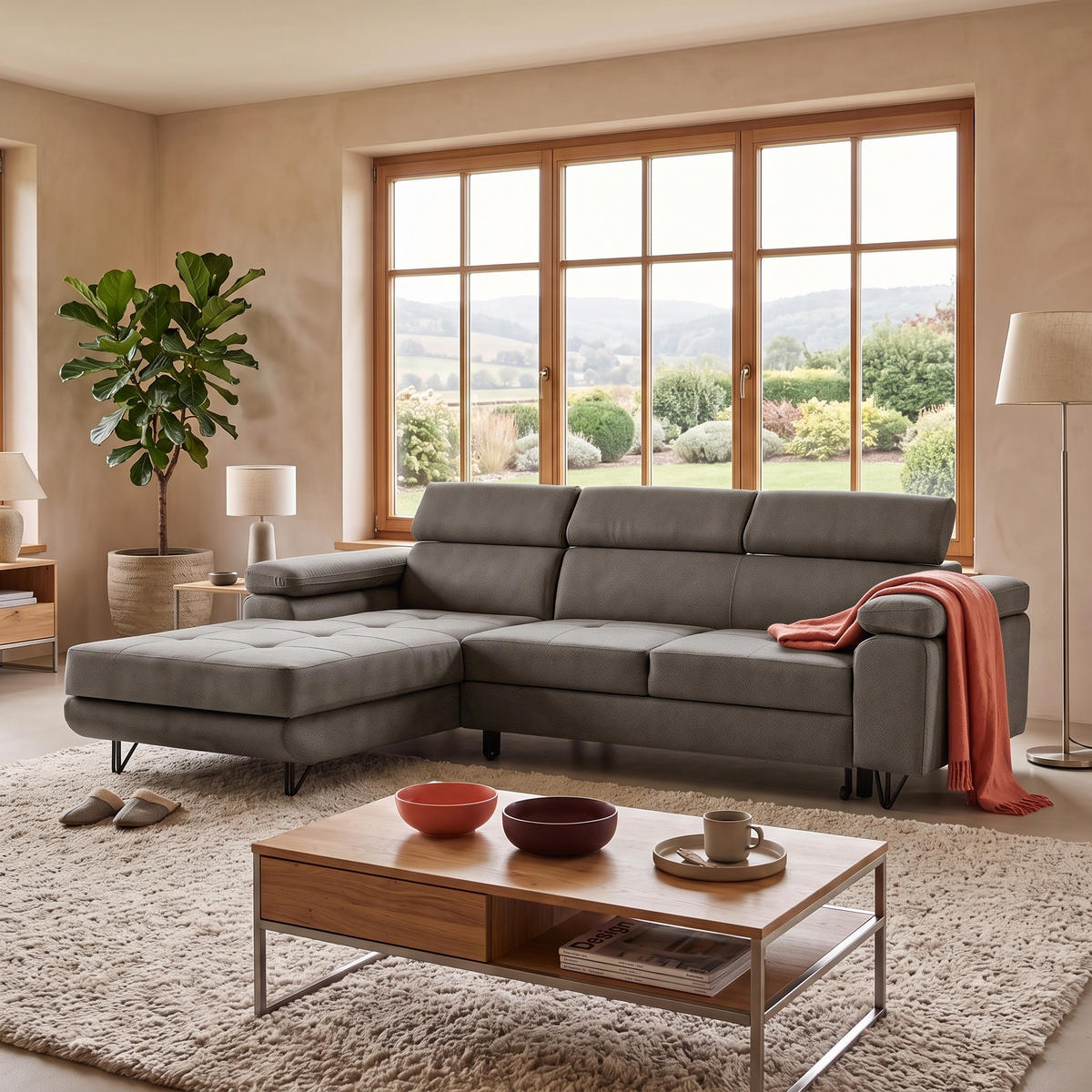ECKSOFA NORIS L Links mit Schlaffunktion 128x203 Velours Taupe - Taupe/Schwarz, Holz/Textil (250/183cm) - Muffo