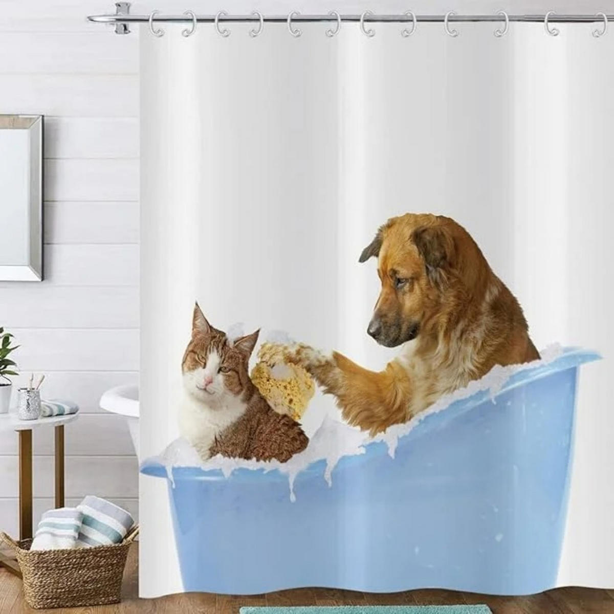 DUSCHVORHANG Blau Weiß Katze und Hund niedlich wasserdicht - Blau, Textil (180/180cm) - MCBOSON