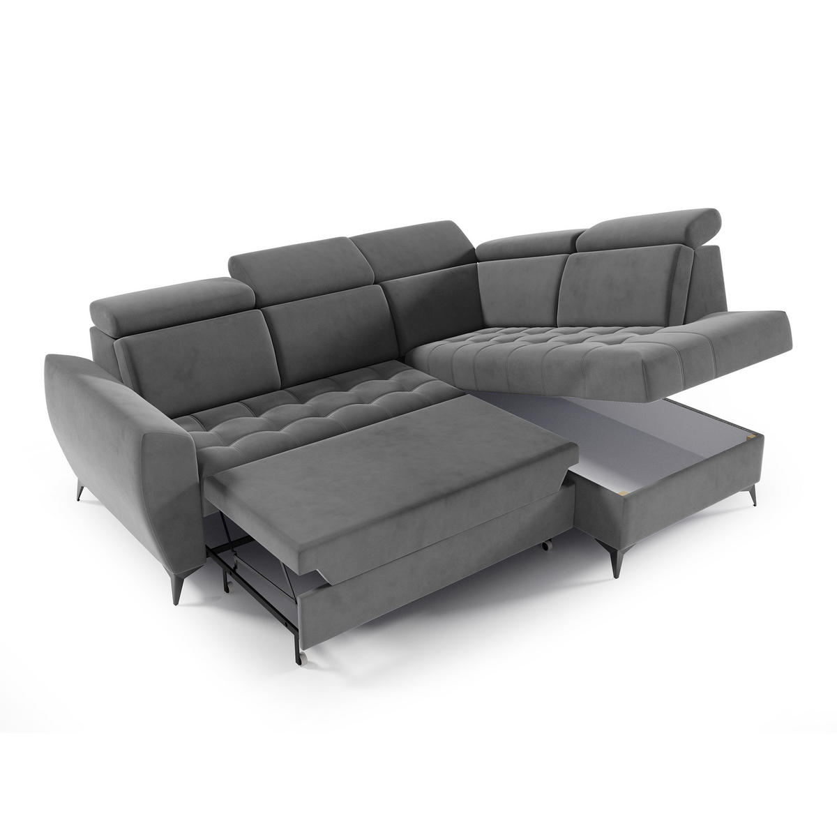 ECKSCHLAFSOFA Aurora II mit verstellbare Kopfstützen, Grau, rechts - Schwarz/Grau, Textil (266/204cm) - Beautysofa