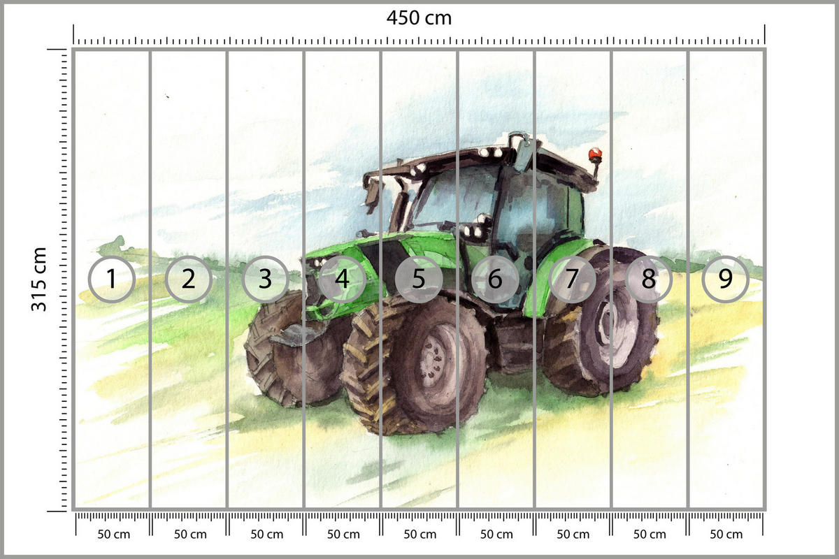 FOTOTAPETE für Kinderzimmer Aquarell Grüner Traktor Feld 450x315 - Gelb/Schwarz, Papier (450/315cm) - Muralo
