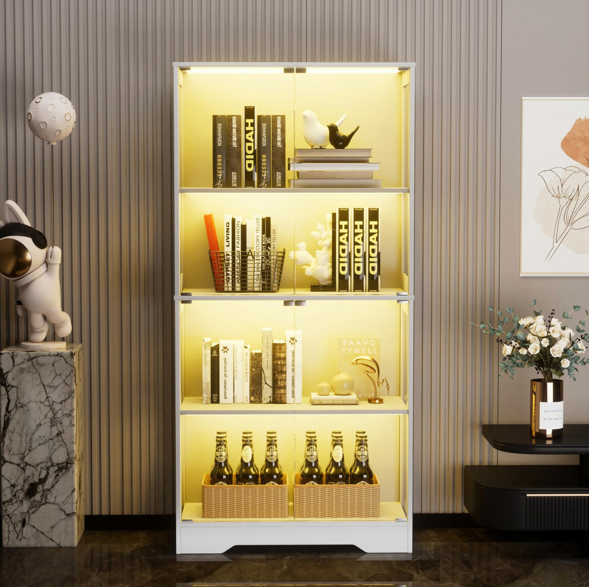 VITRINE 80/35/165 cm in Weiß mit LED-Beleuchtung und Glastüren - Weiß, Holzwerkstoff (80/165/35cm) - Flora Grace
