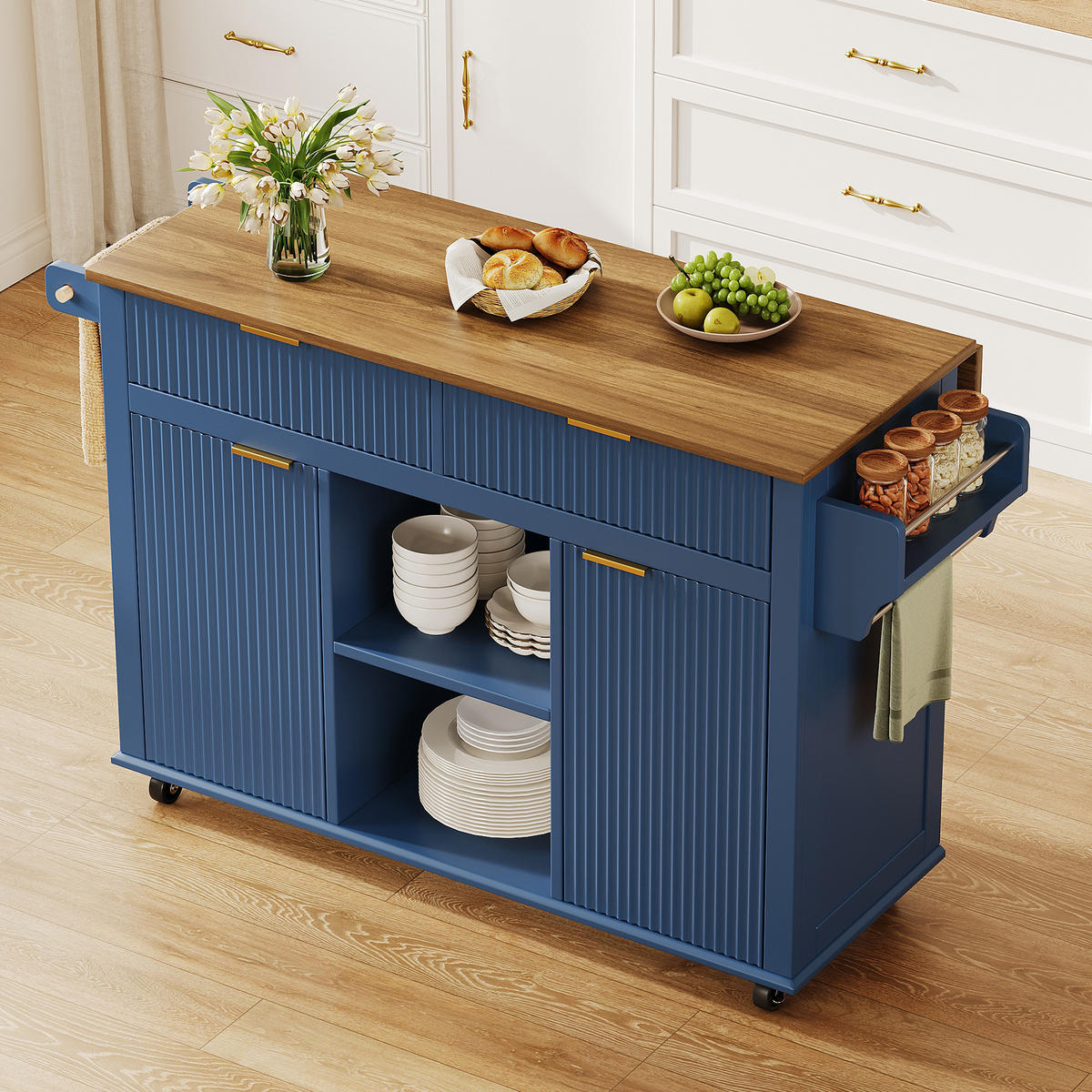 KÜCHENINSEL 89,5 cm MDF Blau Braun mit Klappbarer Arbeitsplatte und Gewürzregal - Dunkelblau, Holzwerkstoff (45/89.5/143cm) - Korfee