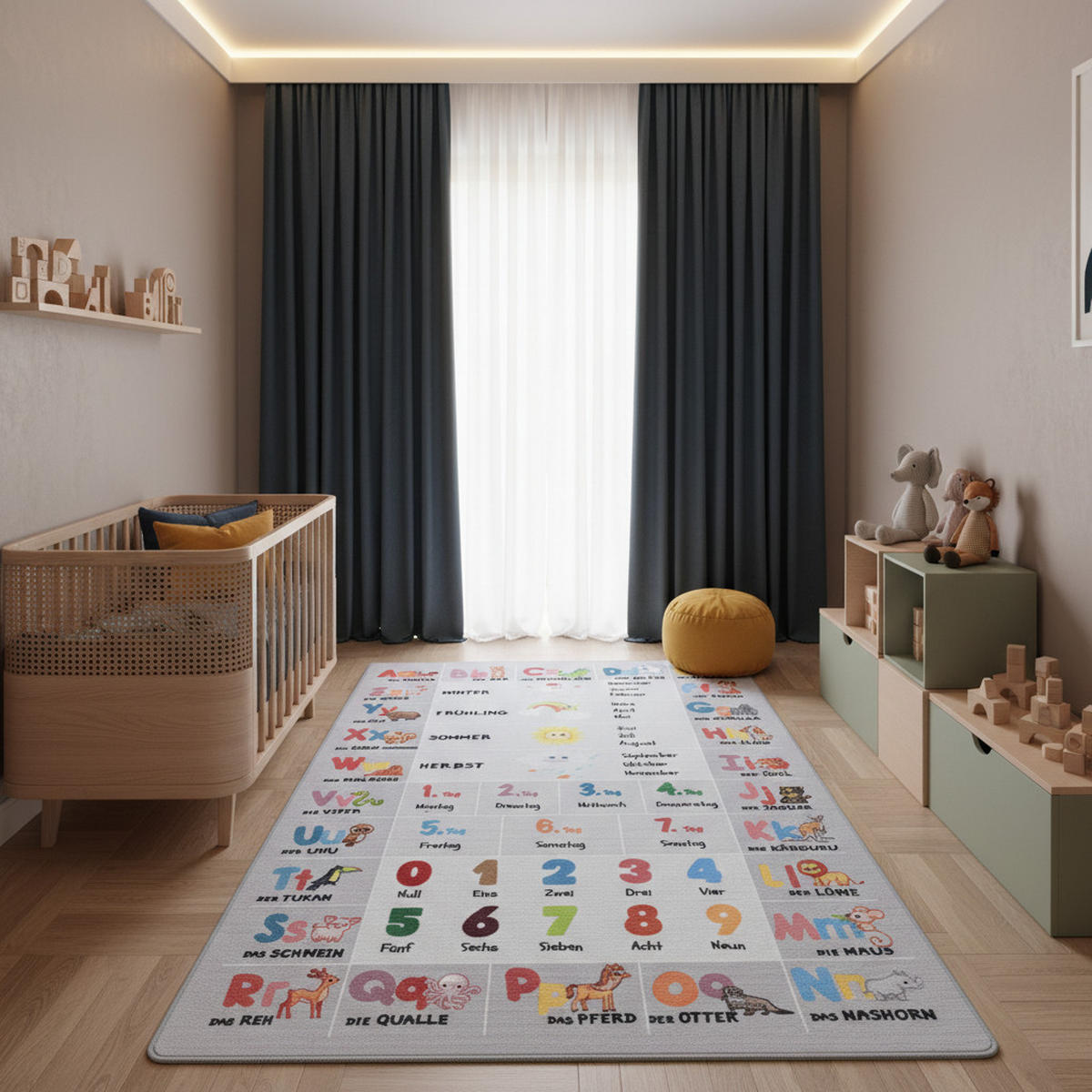 TEPPICH Kinderzimmer ABC Zahlen Bunt Waschbar Spielzimmer Strapazierfähig Grau 160x230 cm – TRAUN - Grau, Textil (160/230cm) - KADIMA DESIGN