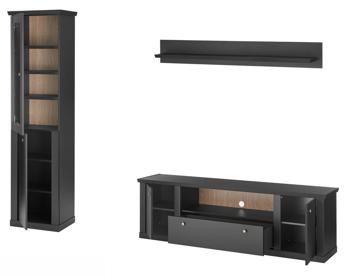 WOHNWAND schwarz matt, Eiche 3-teilig 270 cm, Wohnkombination mit Soft-Close - Eichefarben/Messingfarben, Glas/Holzwerkstoff (270/200/42cm) - Furn.Design