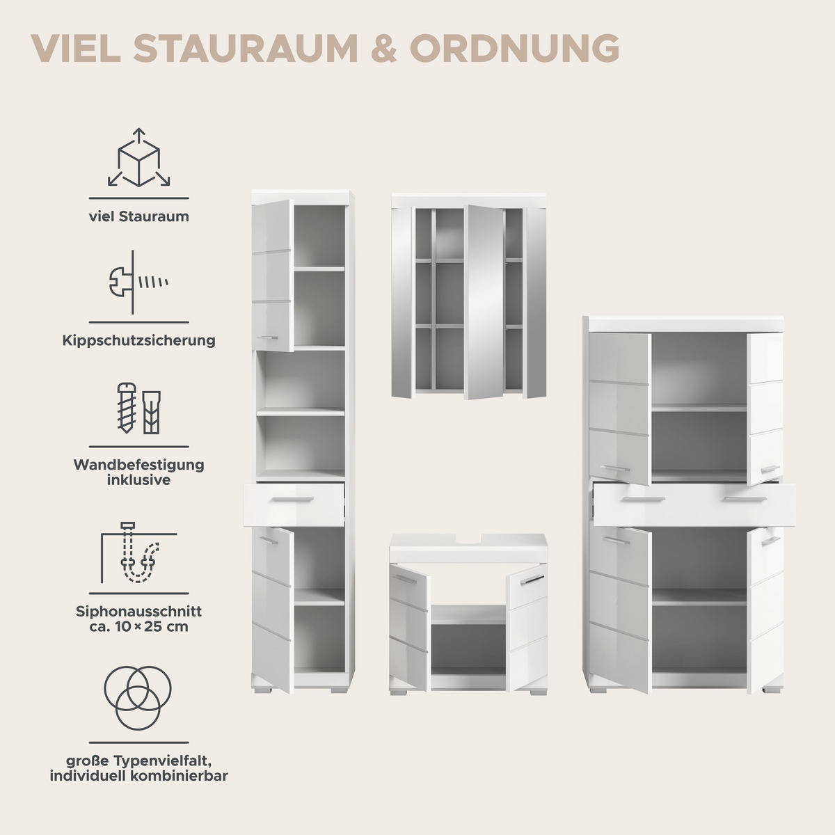BADKOMBINATION 4tlg. Scout Bad in weiß Nachbildung und weiß hochglanz B/H/T: 186x191x34 cm - Weiß, Holz (186/191/34cm)