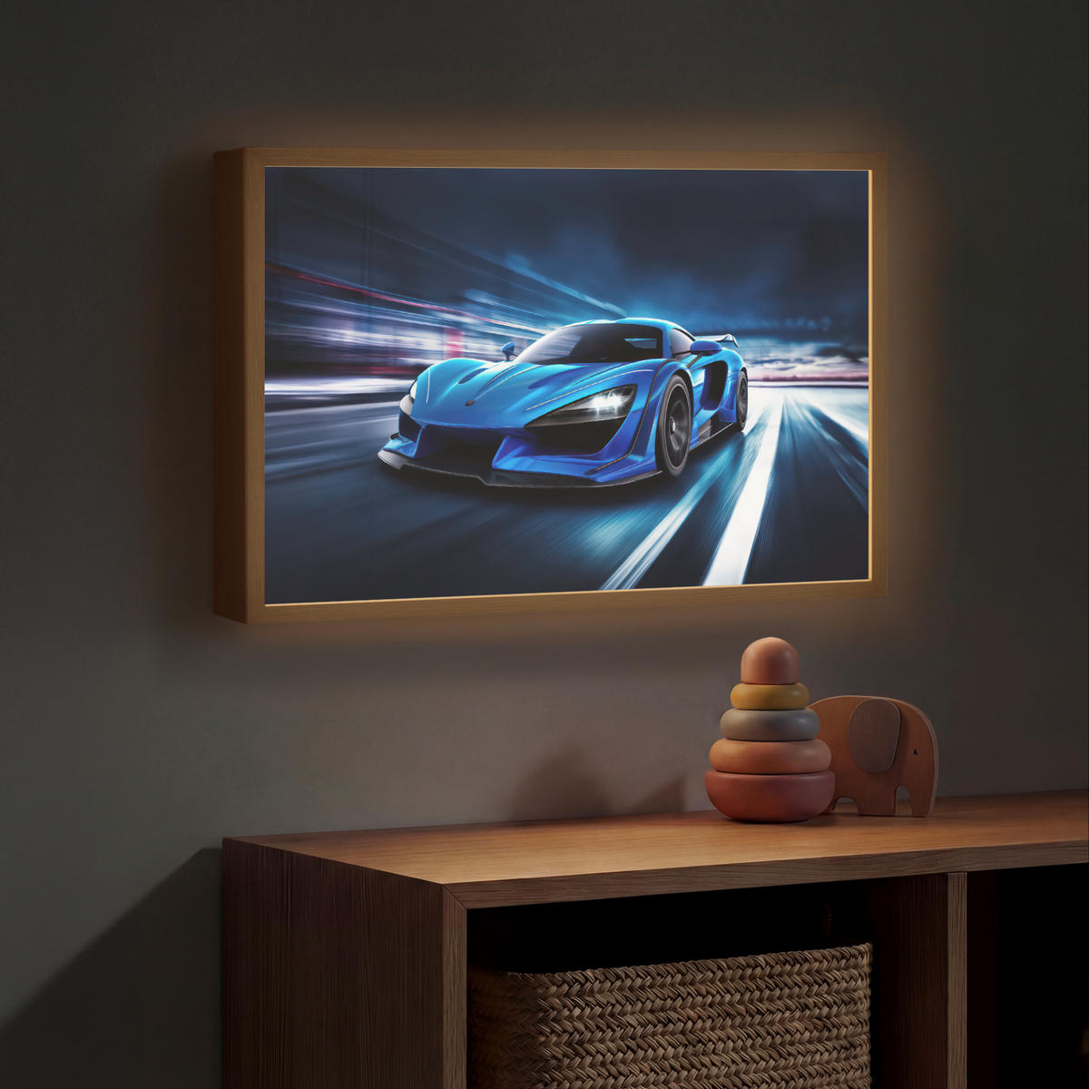 DOBÍJECÍ NOČNÍ LAMPIČKA Auto - Modrá - Chlapci - Dítě 60x40 cm - modrá, kompozitní dřevo (8/60/40cm) - OnlyWow