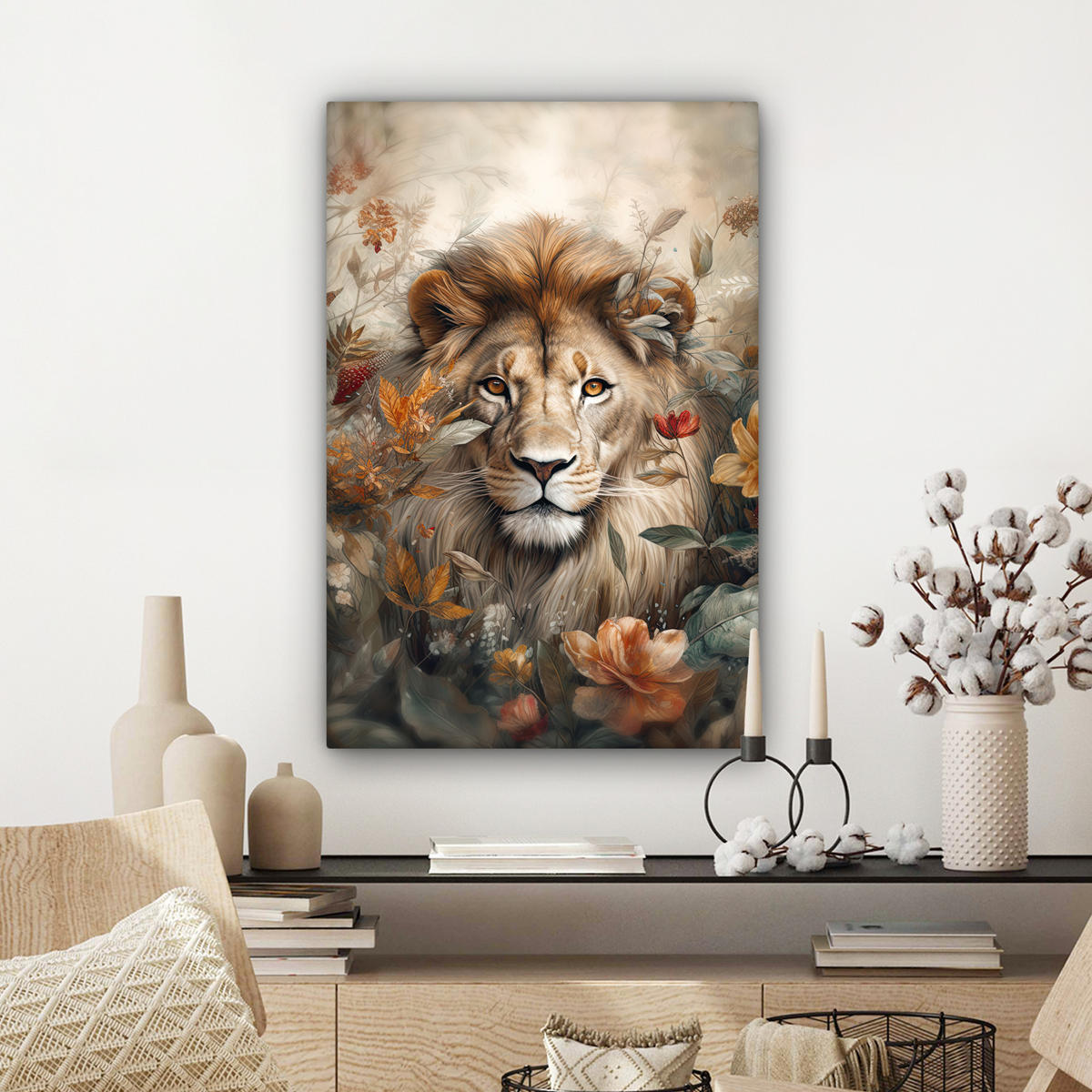 LEINWANDBILD Löwe - Wildtiere - Pflanzen - Natur - Blumen Wanddeko Schlafzimmer 60x90 cm - Beige, Textil (60/90cm) - MuchoWow