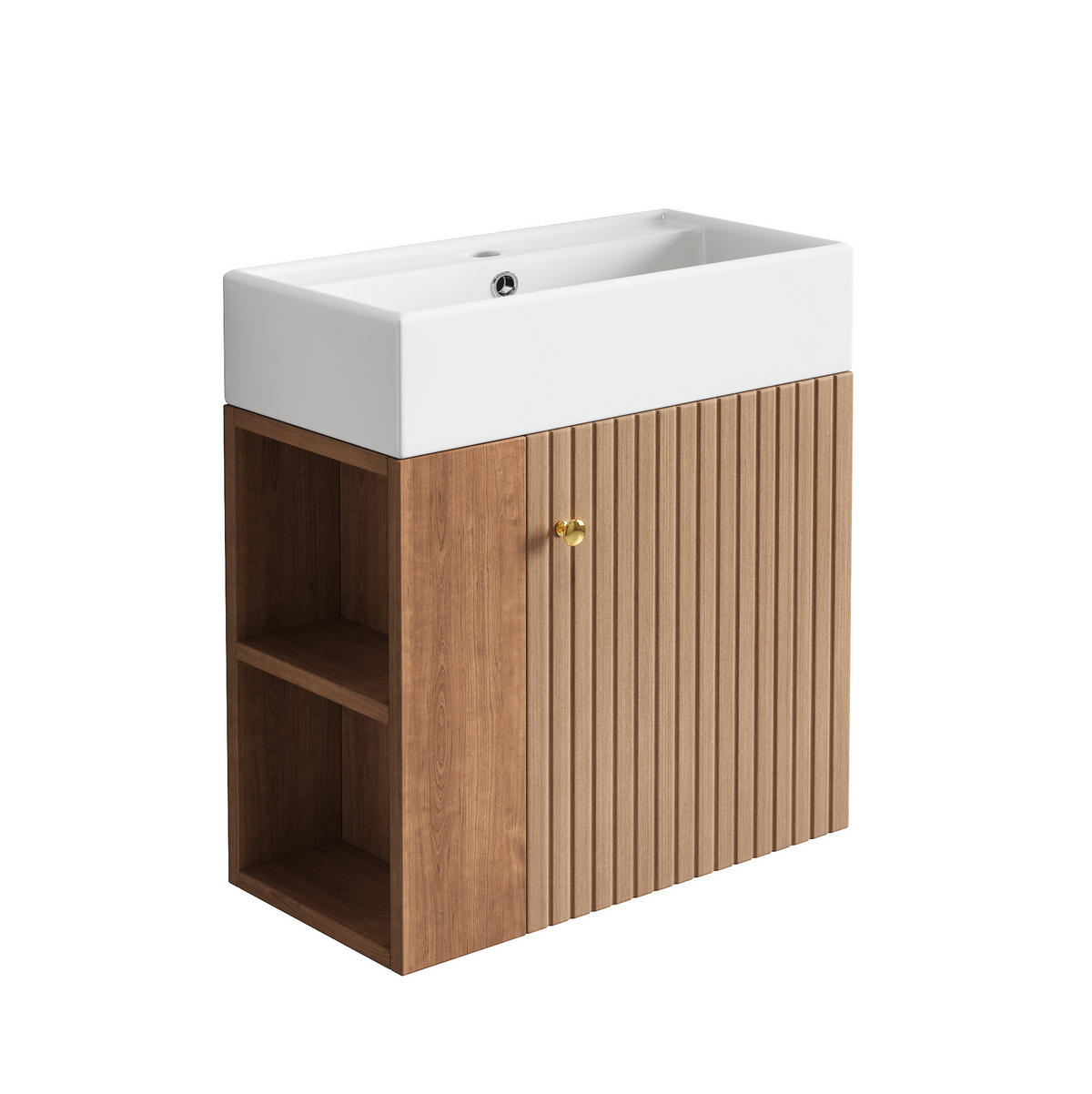 BADEZIMMERSCHRANK 55x31x66.5 cm Braun & Weiß aus Kunststoff mit Keramikbecken & 3D-Paneel - Braun, Holzwerkstoff (55/66.5/31cm) - Modfu