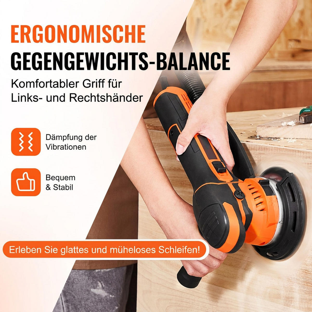 SCHLEIFMASCHINEN UND ZUBEHÖR 11-tlg 150mm Exzenterschleifer 850W 6-Stufen mit Staubabsaugung - Orange, Metall (20/30/10cm) - Raelunyi