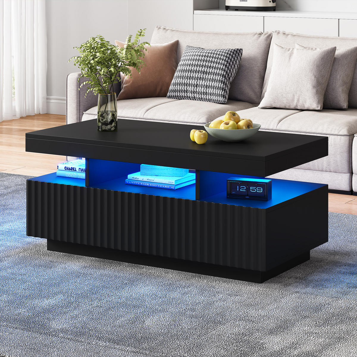 COUCHTISCH LED Schwarz 2 Schubladen 100x50x45cm Vakuum Teetisch - Schwarz, Holzwerkstoff (100/50/45cm) - FLIEKS