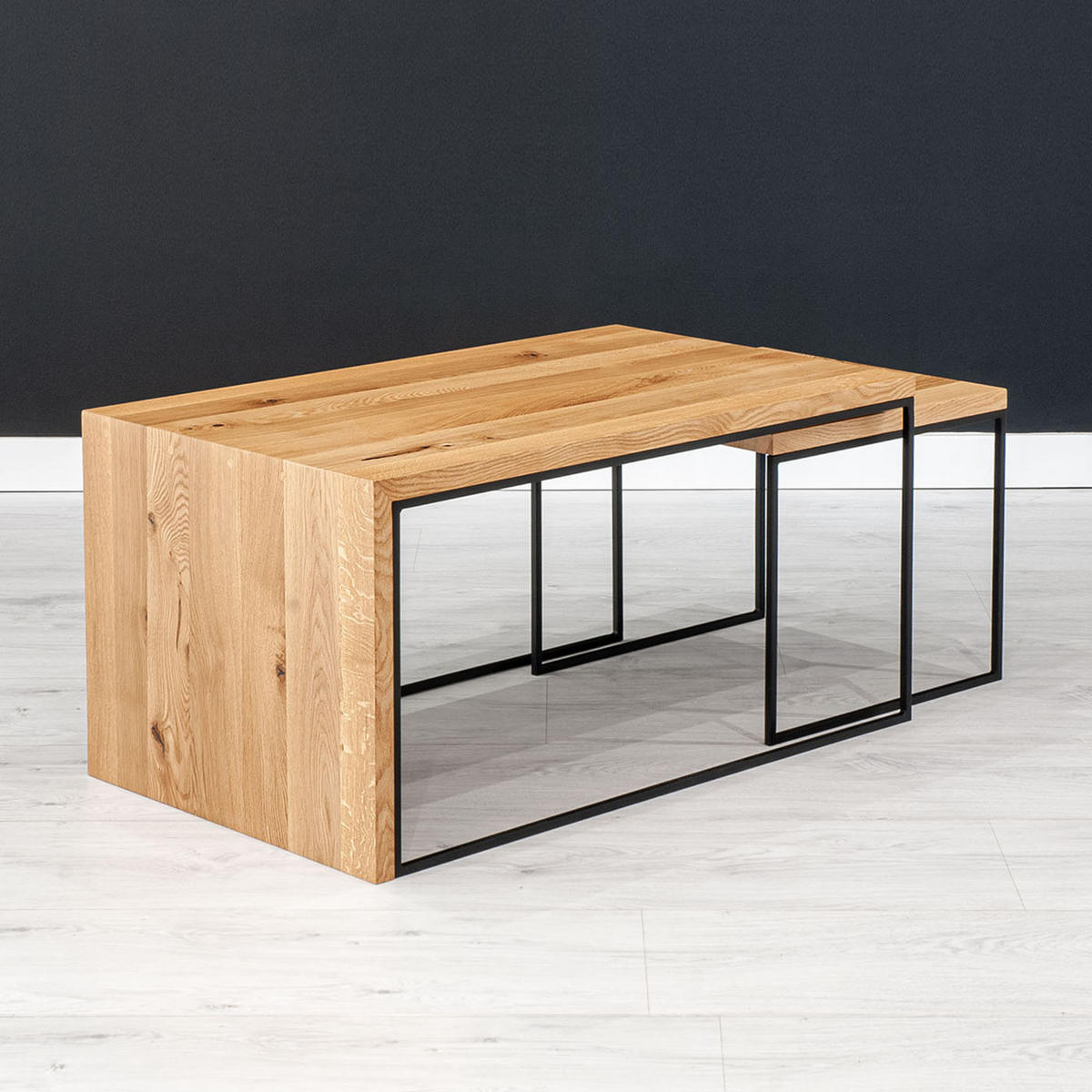 COUCHTISCH Mate -Set aus massivem Eichenholz - Eichefarben/Schwarz, Holz/Metall (100/60/50cm) - Danzz