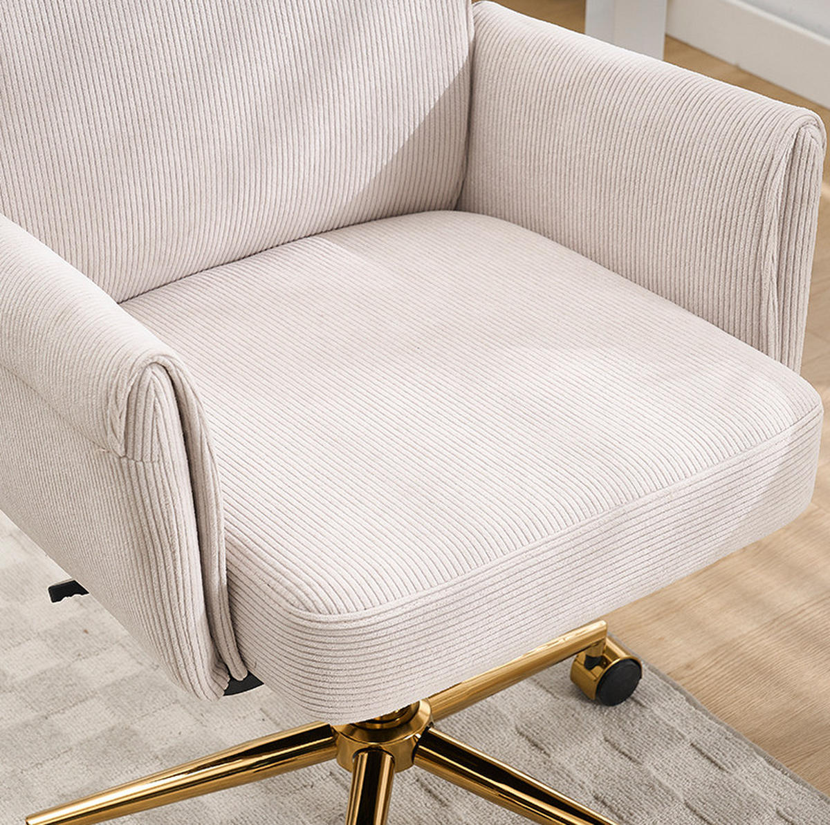 BÜRODREHSTUHL in Weiß 61x64x107 cm mit Cordbezug und goldfarbenem Metallfuß - Weiß, Textil (64/107/61cm) - IVMEU