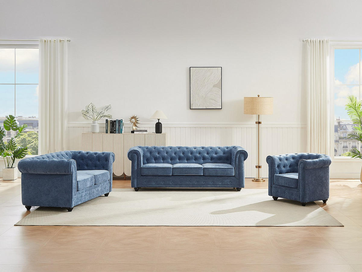 SOFA 3-Sitzer & 2-Sitzer & Sessel - Stoff - Blau - CHESTERFIELD - Blau, Textil (88/72/205cm) - Vente-Unique
