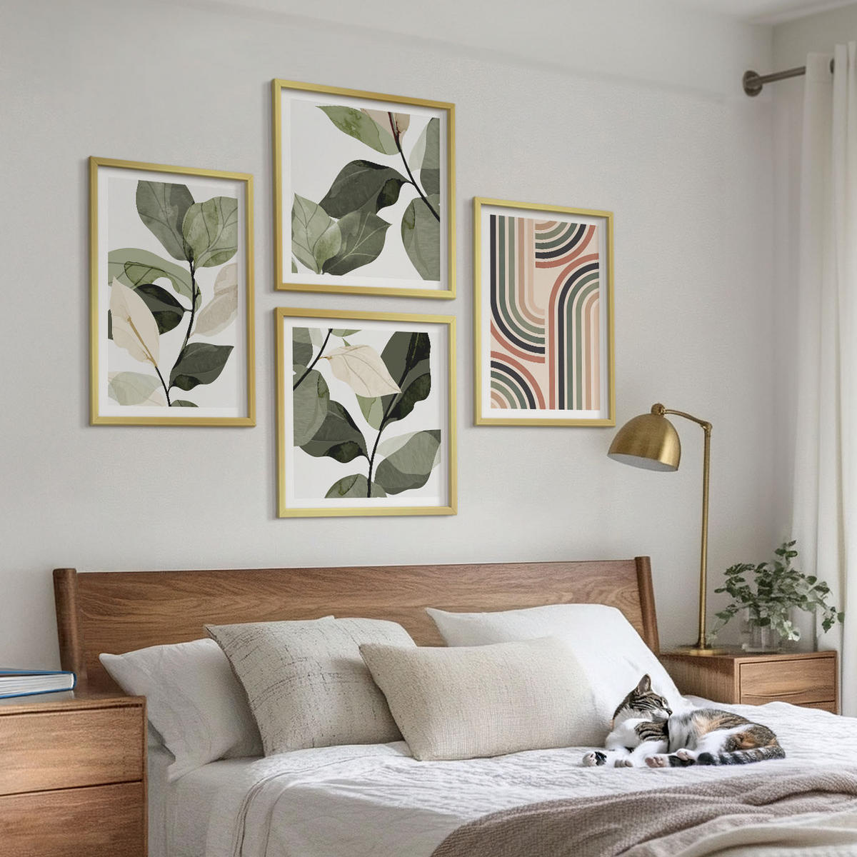 BILDER SET 4er Set - 50x50 cm & 40x60 cm Goldrahmen - Geometrische Pflanzenmotive - Goldfarben, Kunststoff (50/50cm) - TULUP