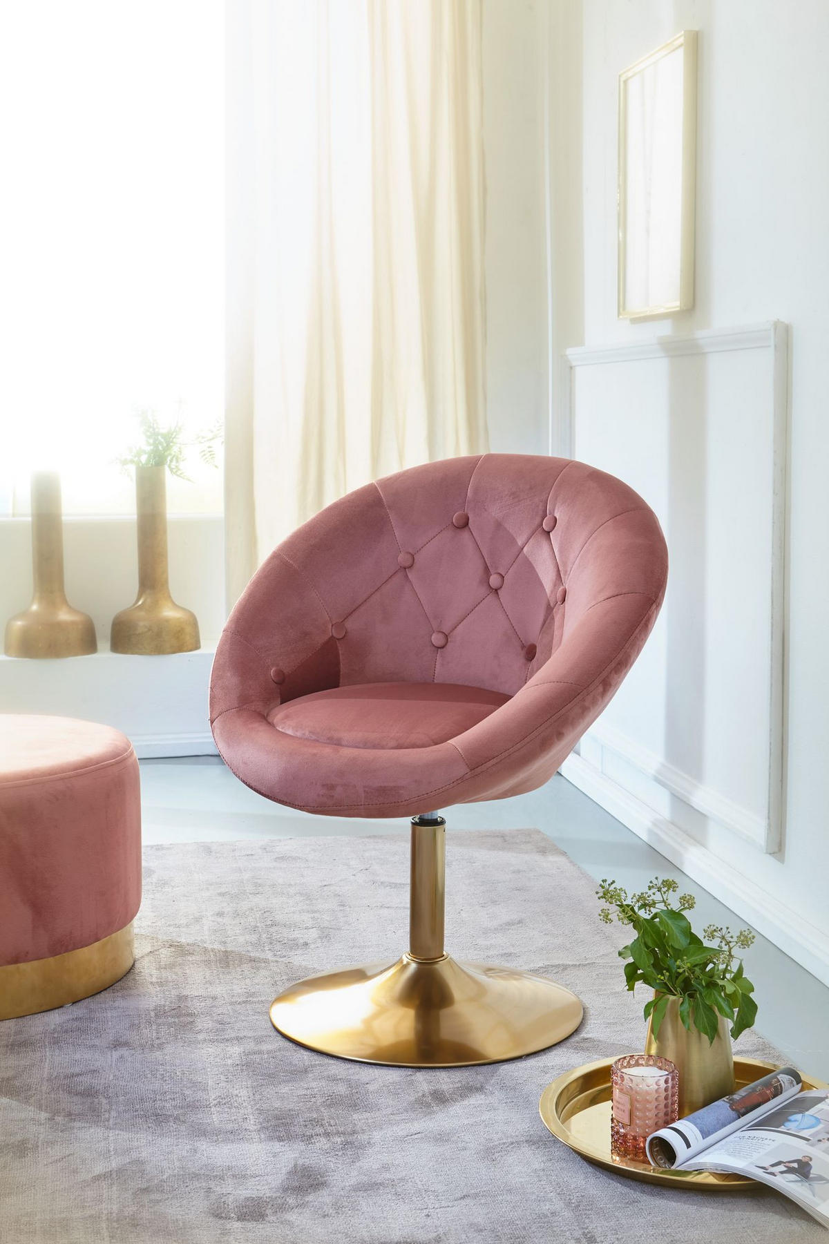 LOUNGESESSEL Chesterfield-Stil mit Samtbezug und 360° Drehfunktion, Rosa 67x62x100 cm - Pink/Goldfarben, Textil/Metall (67/100/62cm) - KADIMA DESIGN