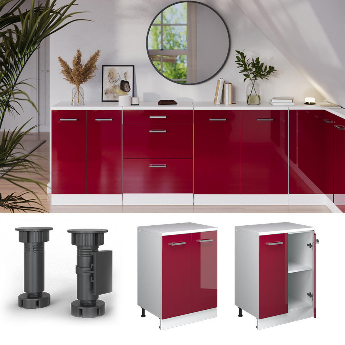 ORMAR ZA POTKROVLJE Rion Crveni visoki sjaj 60 x 81.6 cm bez kosine s 2 vrata - bijela/crvena, drvni materijal (60/83.8/46cm) - Vicco