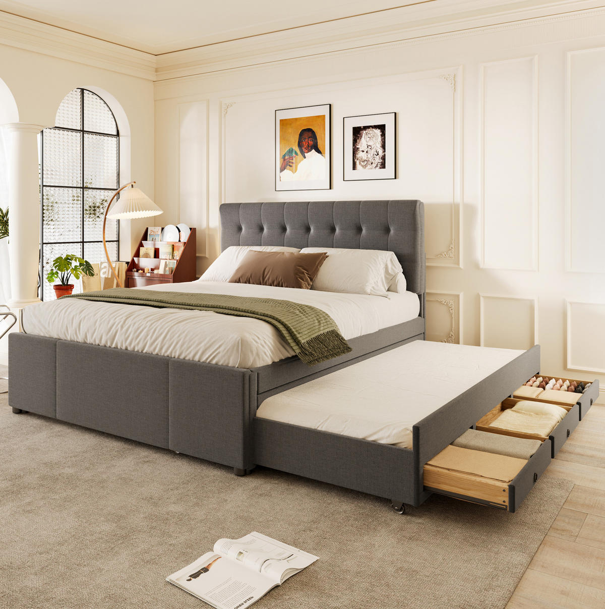 BETT mit Ausziehbett und 3 Schubladen 140x200 cm Leinen Grau - Grau, Holz (140/200cm) - Meubliv