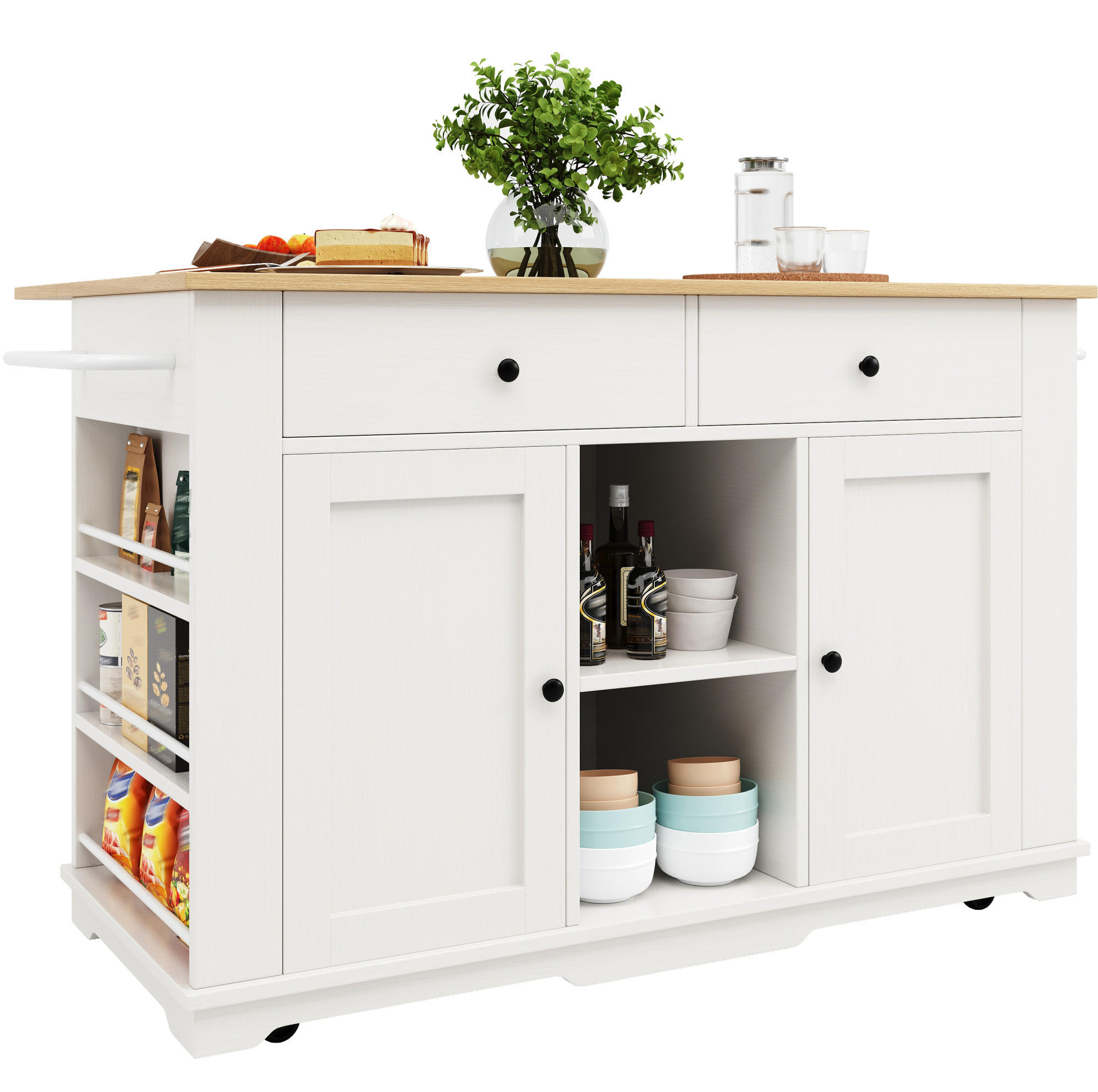 KÜCHENINSEL 151,5/84,7/91,7 cm Weiß/Natur aus MDF und Metall mit klappbarer Seite - Weiß, Holzwerkstoff (59.7/91.7/151.5cm) - OKMYHOME