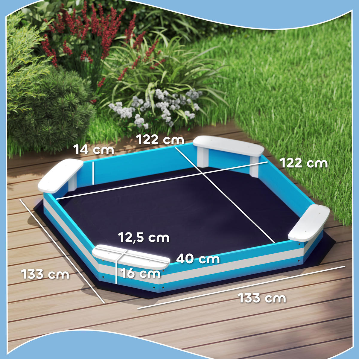 SANDKASTEN 133 x 108 cm Sandkiste aus Holz Sandbox mit Sitzbank Blau - Blau, Holz (133/133/16cm) - AIYAPLAY