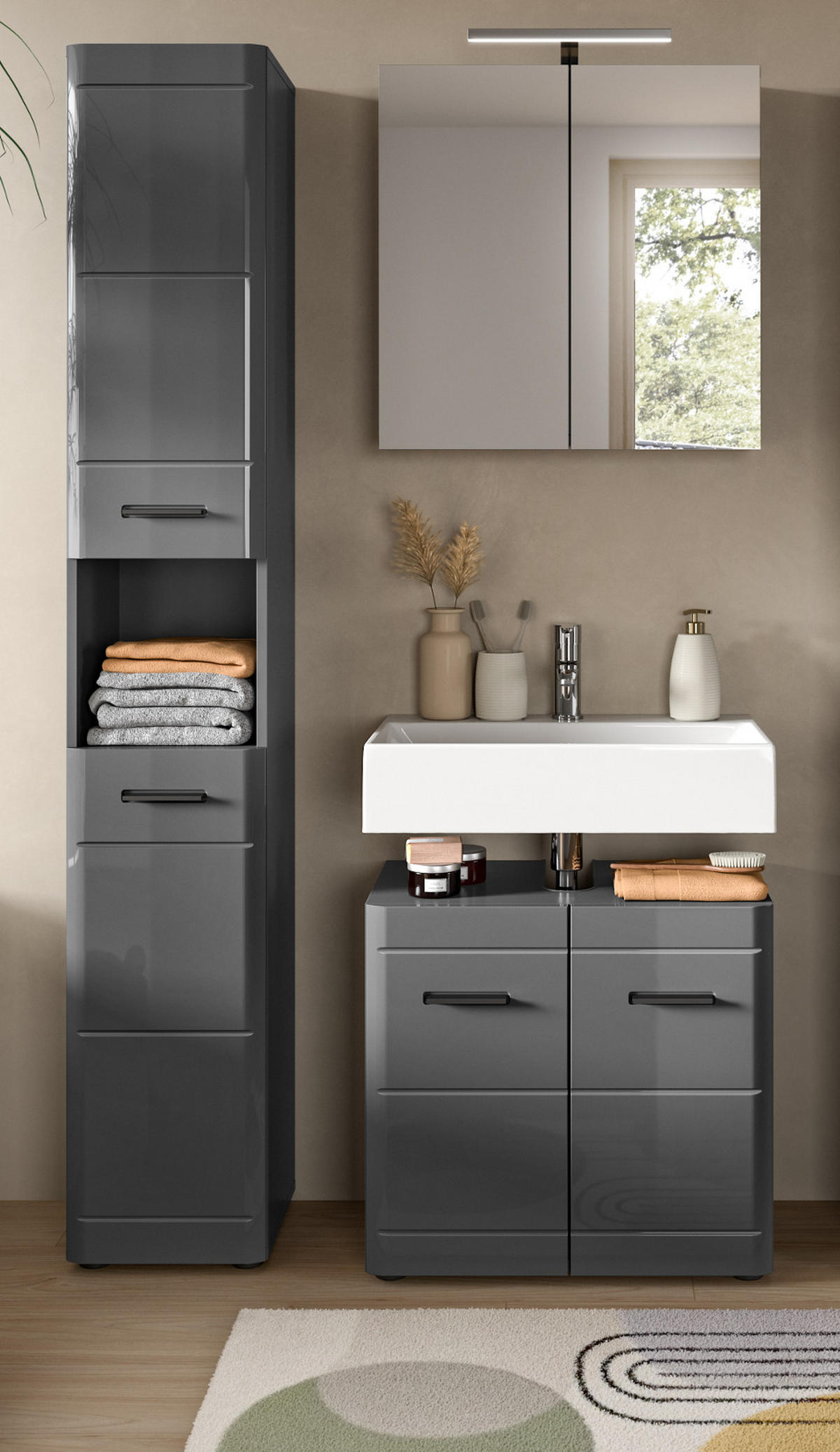 BADMÖBEL-SET grau Hochglanz 3-teilig, Komplettset mit Soft-Close - Grau, Glas/Holzwerkstoff (105/190/34cm) - Inn.Furn